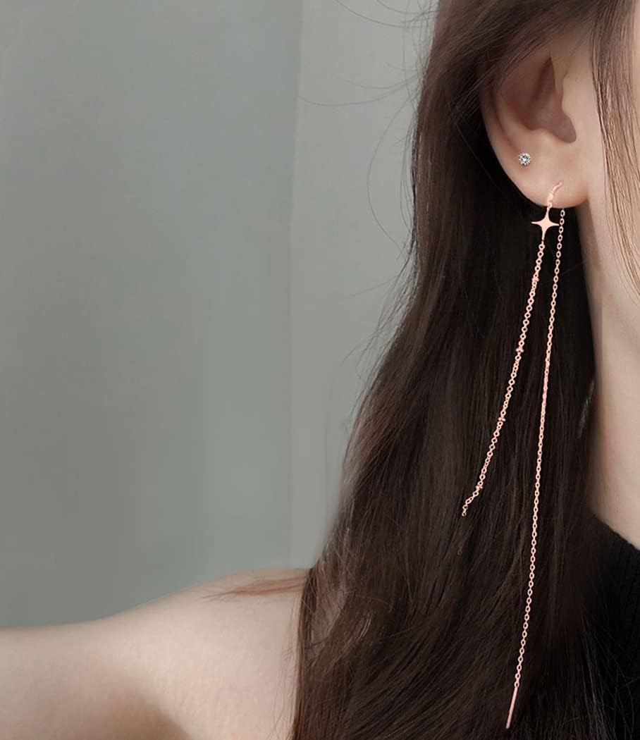 Detalle de SLUYNZ 925 Sterling Silver Long Dangle Earrings – Star Tassel Chain
