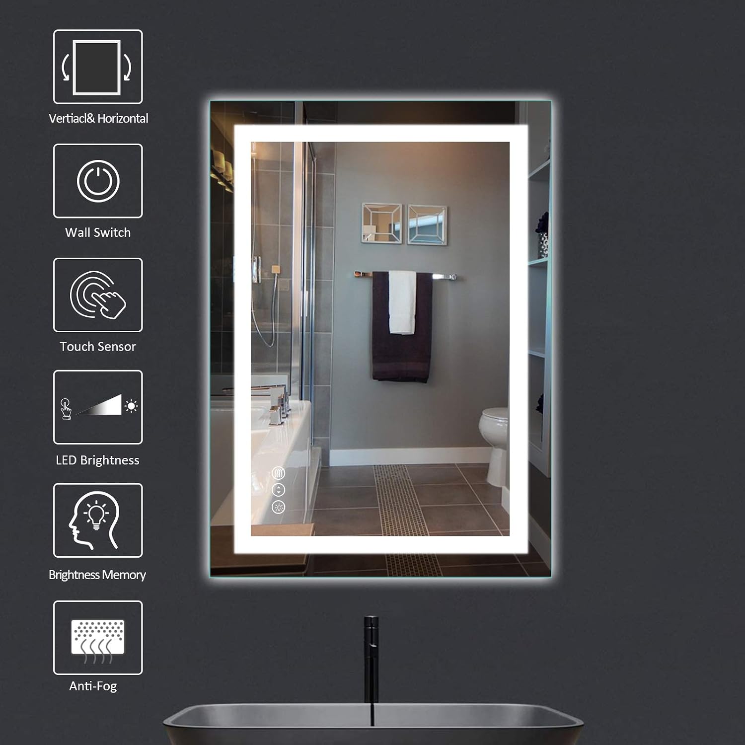 Detalle de Amorho 24" x 32" LED Bathroom Mirror — Dimmable Vanity