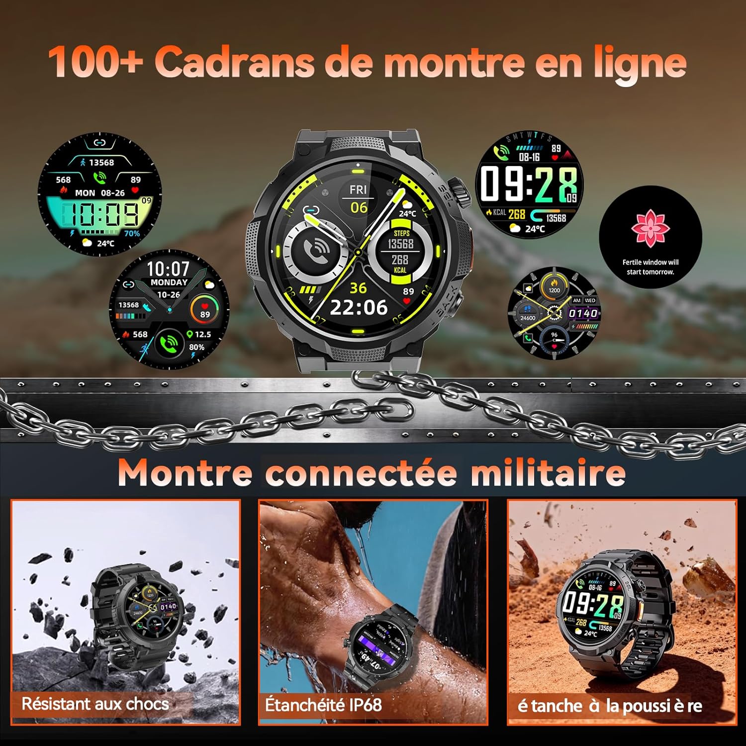 Detalle de Soudorv Montre Connectée Homme – Montre Militaire 1,53'' HD, LED et GPS, IP68, 1000mAh