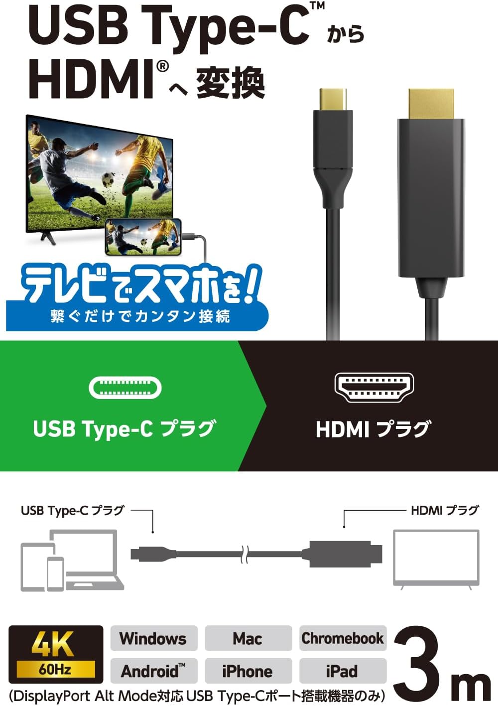 Detalle 2 de エレコム DH-CHDMI30BK USB Type-C - HDMI変換ケーブル 3m・4K/60Hz対応