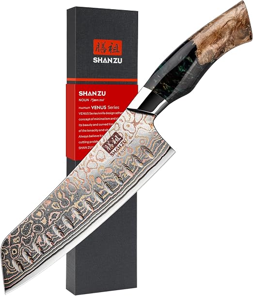 Detalle de SHAN ZU Cuchillo Santoku Damasco VENUS - Elegancia Japonesa 🥢