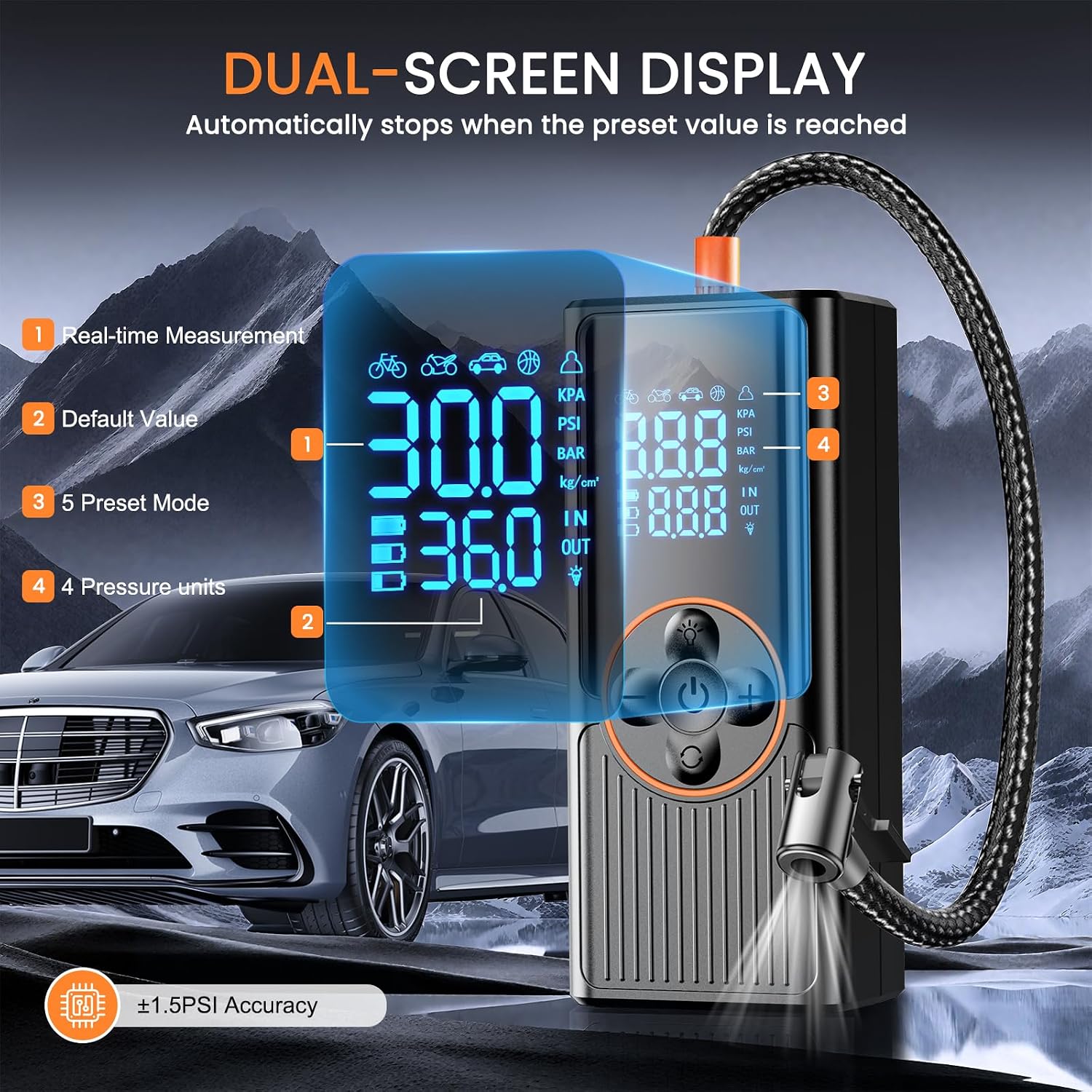 Thumbnail 3 de Tyre Inflator Air Compressor 8000mAh — 150 PSI Rechargeable Car Tyre Pump with Digital Display, LED Light and 4 Nozzles