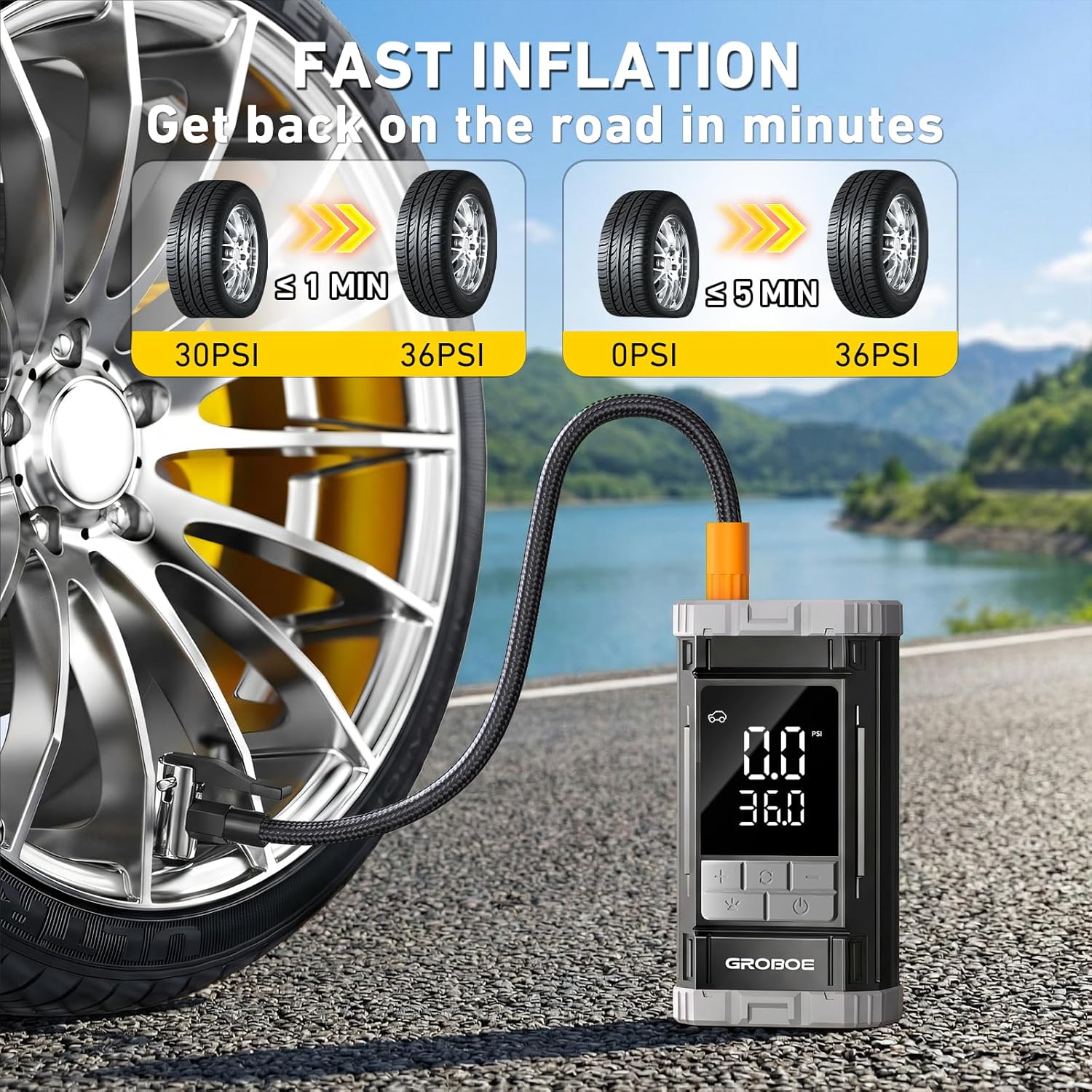 Thumbnail 4 de GROBOE Tyre Inflator Air Compressor: Portable 12V Cordless with Digital Gauge