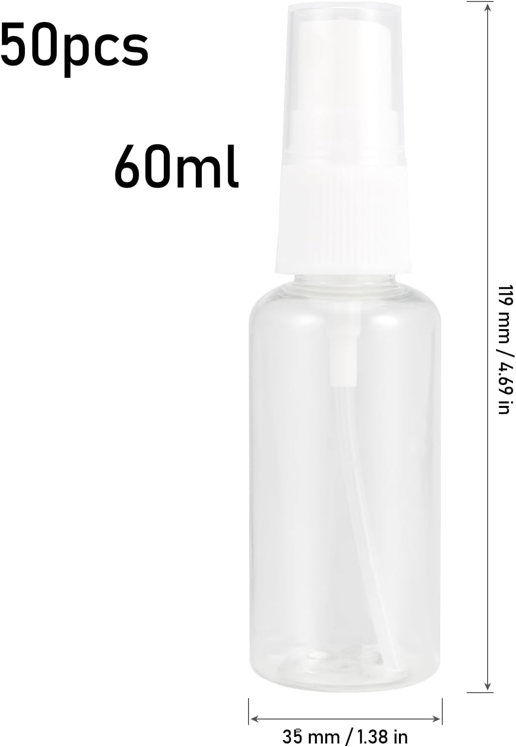 Detalle 2 de MOUYAT 50 Pack 60ml Clear PET Spray Bottles – Fine Mist, Refillable with Funnels and Labels