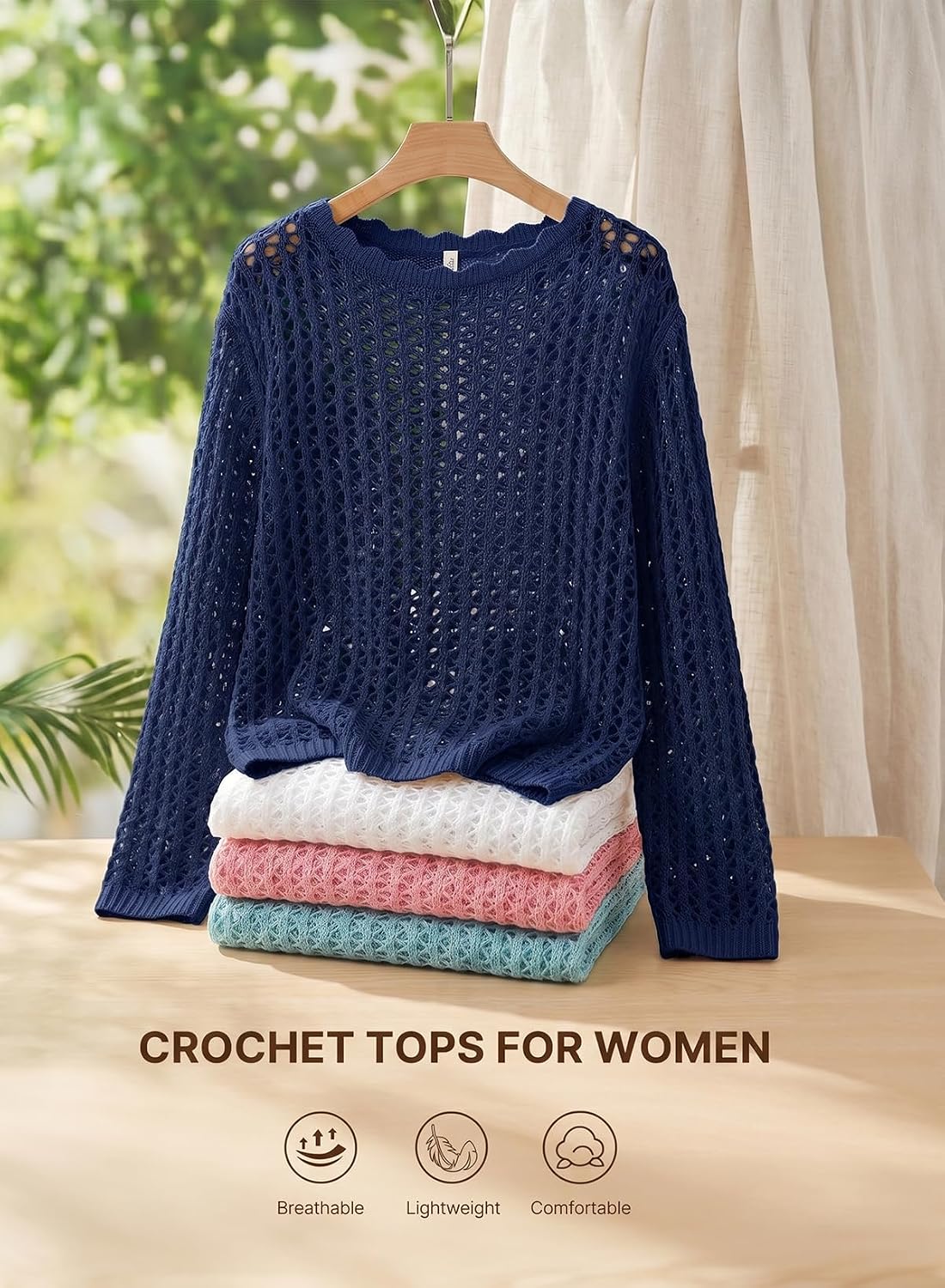 Thumbnail 4 de EVALESS Off The Shoulder Loose Knit Summer Sweater for Women – Lightweight Crochet Knit, 100% Acrylic