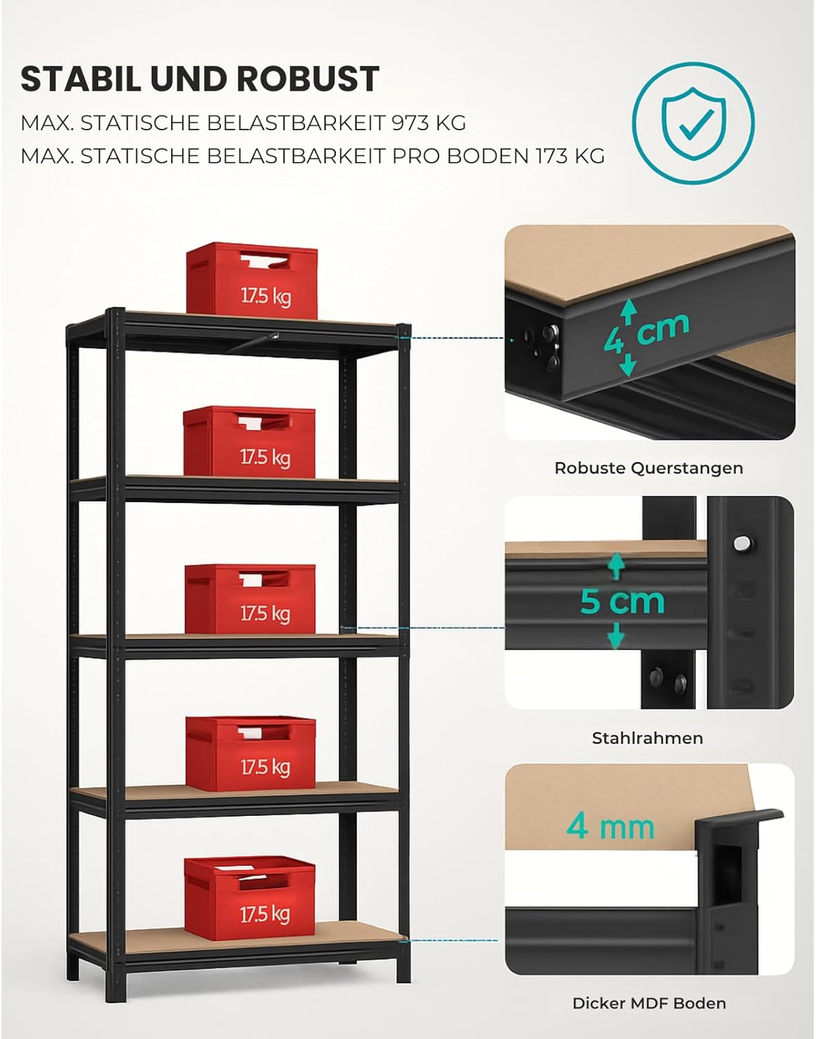 Thumbnail 3 de casa pura Schwerlastregal im 2er-Set – Kellerregal/Lagerregal 50 x 100 x 200 cm, Schwarz, je bis 600 kg