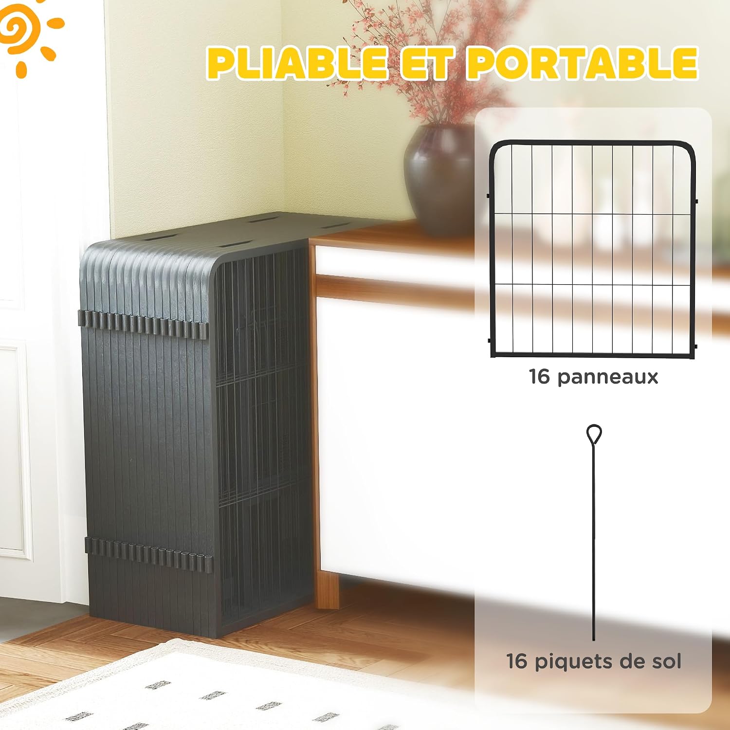Detalle de PawHut parc pour chien pliable en acier 60H cm à 16 panneaux modulables avec 2 portes