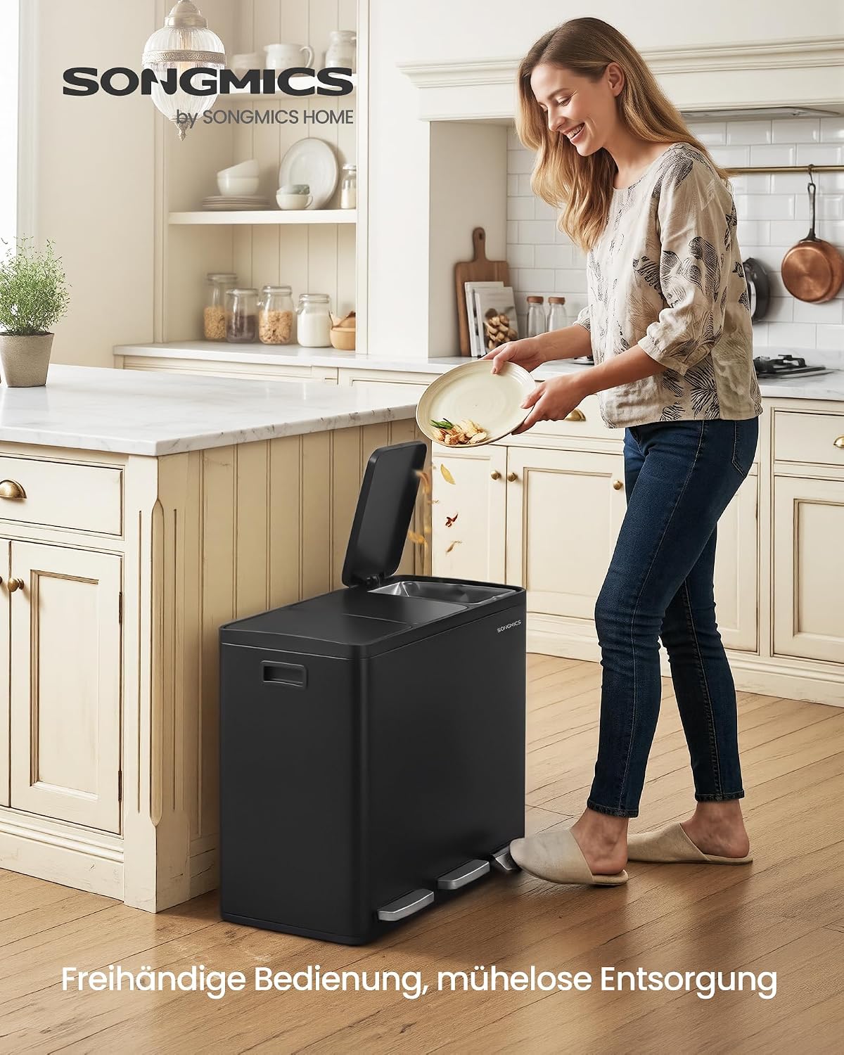 Detalle de SONGMICS Mülleimer Küche, 3 x 18 L – dreiteiliges Mülltrennsystem mit Pedal, Softclose-Lid und herausnehmbaren Inneneimern
