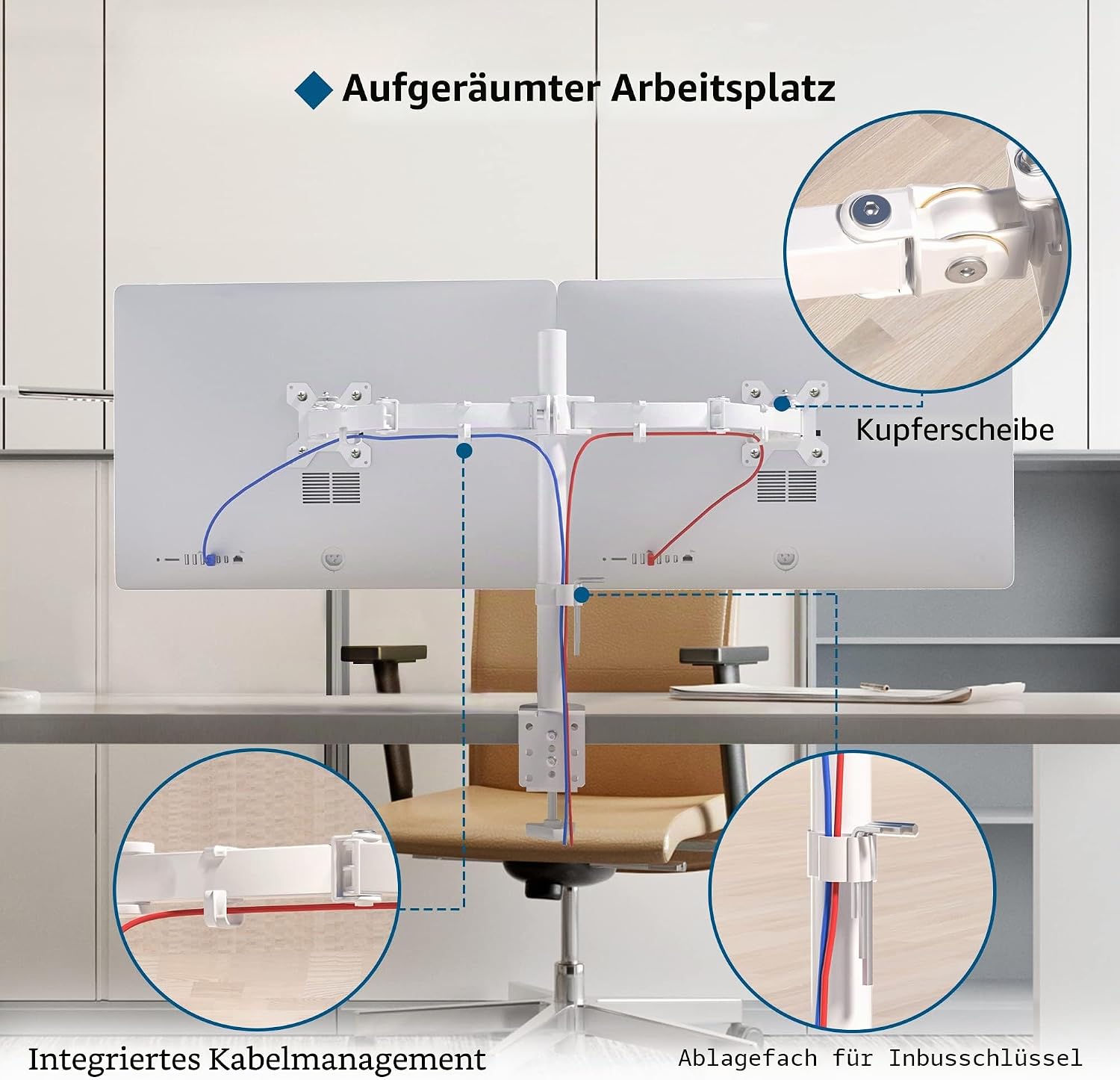 Detalle de BONTEC Monitor-Halterung 2 Monitore für 13–27 Zoll (Stahl, Doppelarm, höhenverstellbar) – VESA 75/100, 10 kg pro Arm, weiß