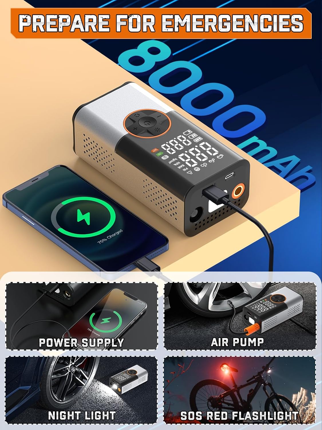 Thumbnail 5 de BIBURY 8000mAh Elektrische Luftpumpe 150 PSI