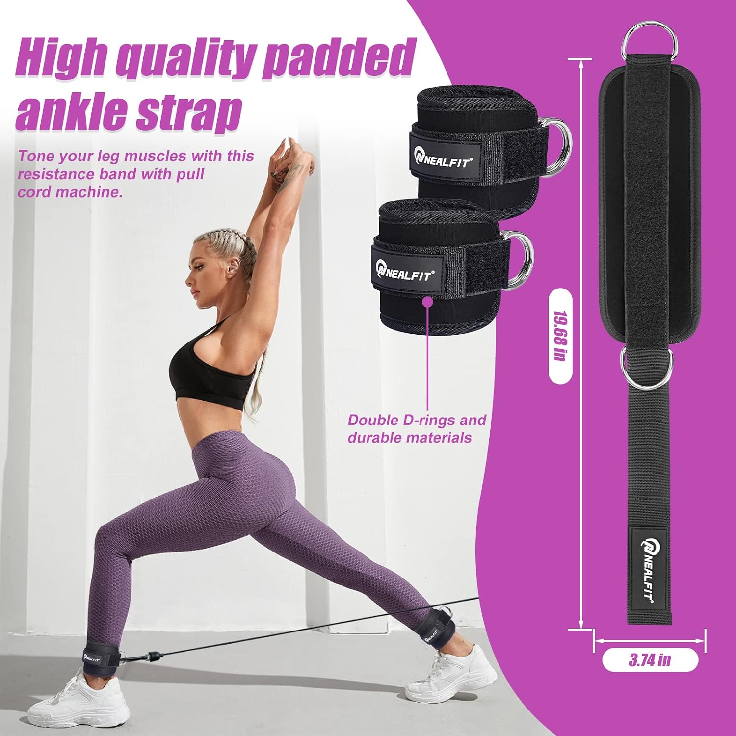 Detalle 2 de NEALFIT Ankle Strap for Cable Machine, 7mm Neoprene, Adjustable Hook-and-Loop