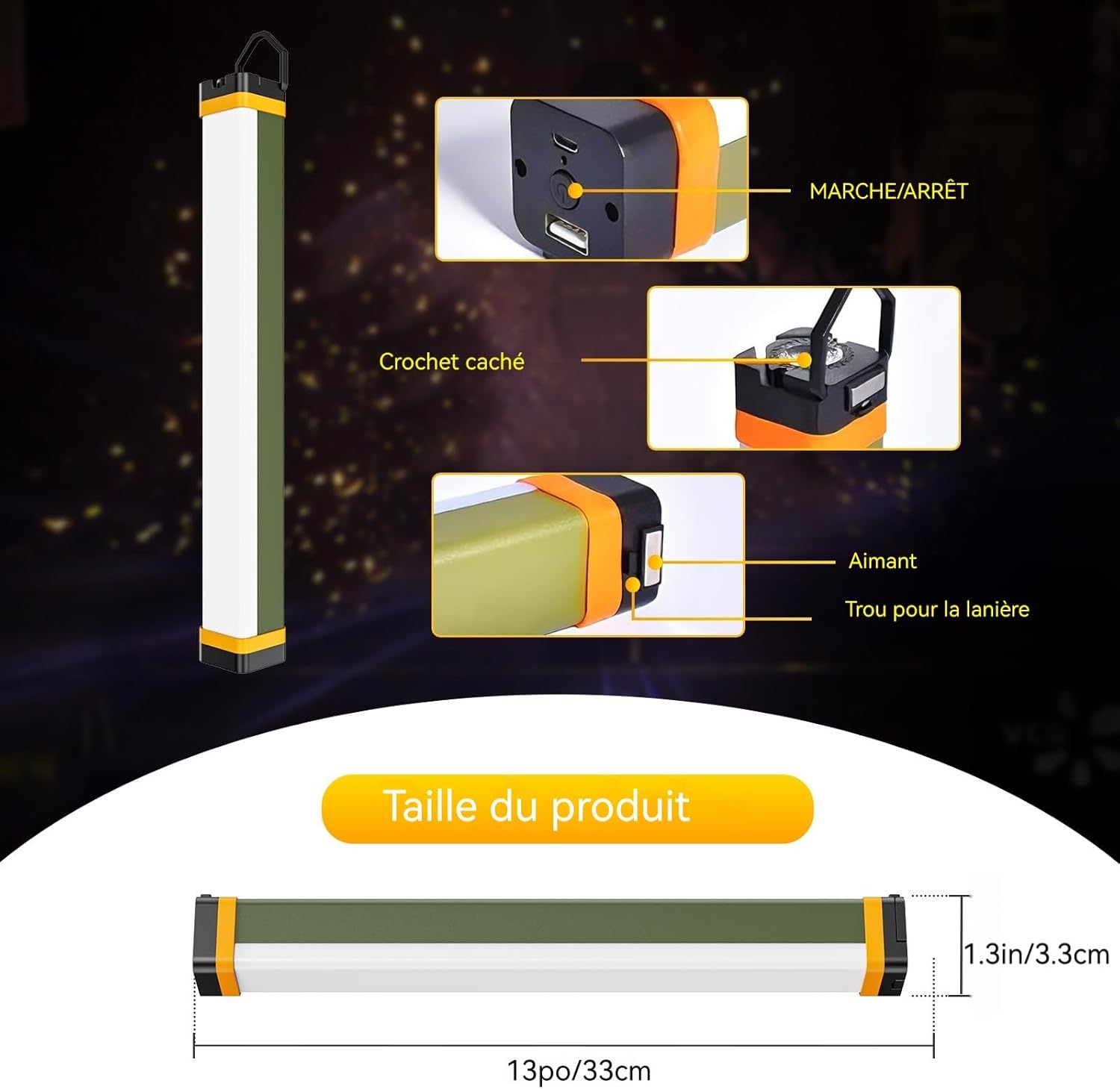 Detalle de Barre lumineuse magnétique pour tente – lampe de camping rechargeable 4 modes, 400 lumens, USB et 1200 mAh