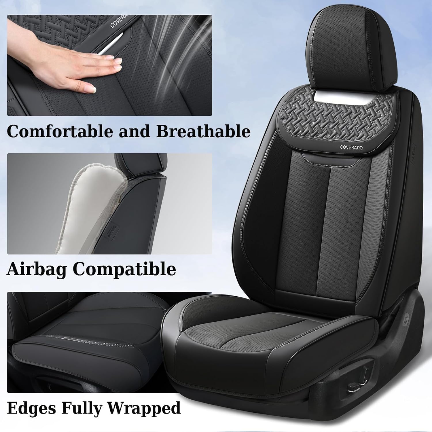 Thumbnail 3 de Coverado Car Seat Covers Full Set (Black) — Luxury Nappa Leather Waterproof Universal Covers for Front & Rear