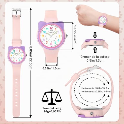 Detalle 2 de Juboos reloj analógico infantil rosa, esfera clara y diseño de orejas de gato