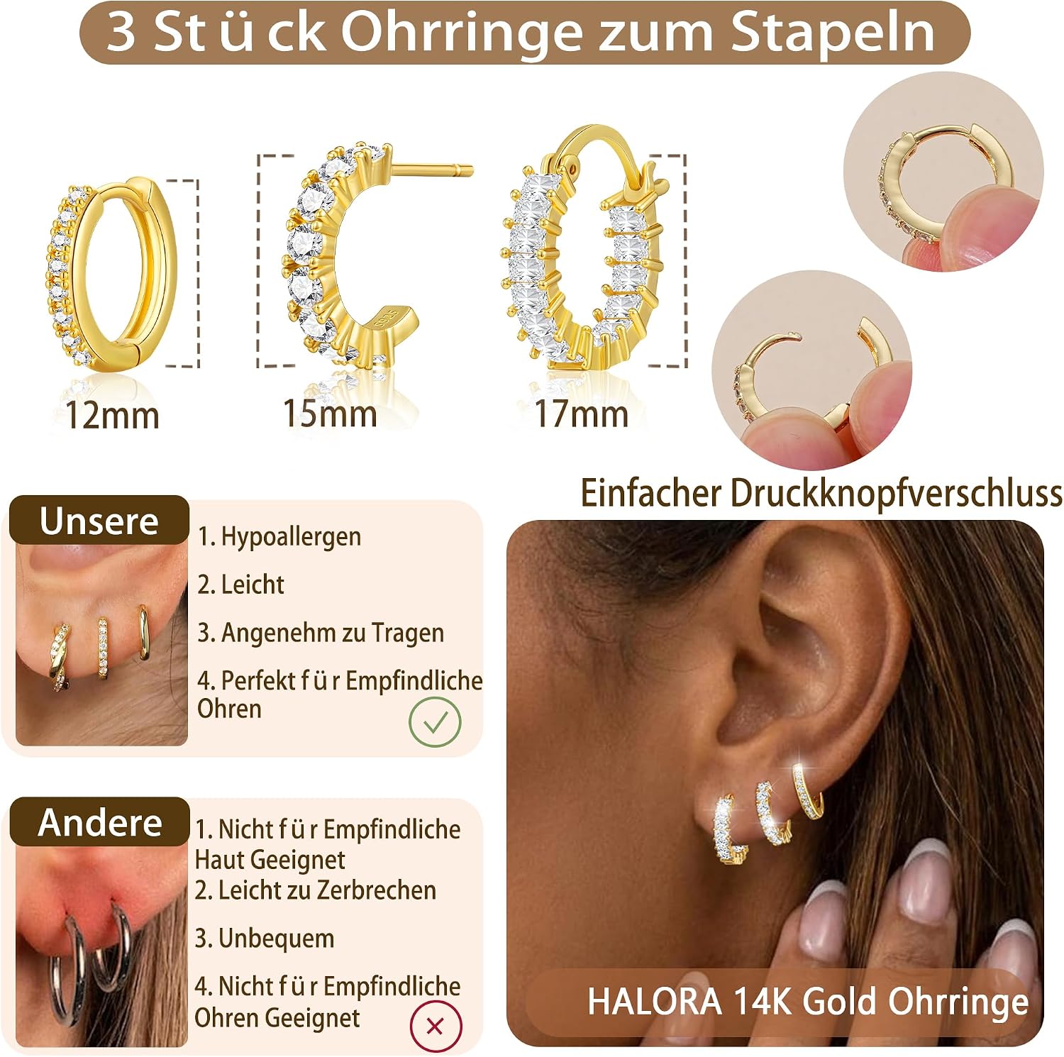 Detalle de Halora 3 Paar Creolen Set aus Silber 925 mit hypoallergenen Eigenschaften (Damen)