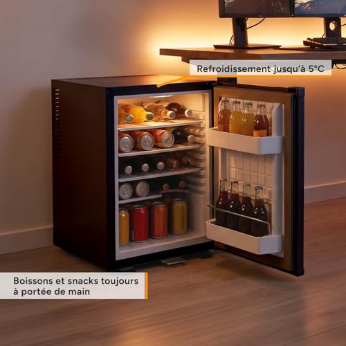 Detalle de TZS First Austria Mini réfrigérateur 40 L silencieux – Mini-frigo noir mat avec porte réversible et lumière