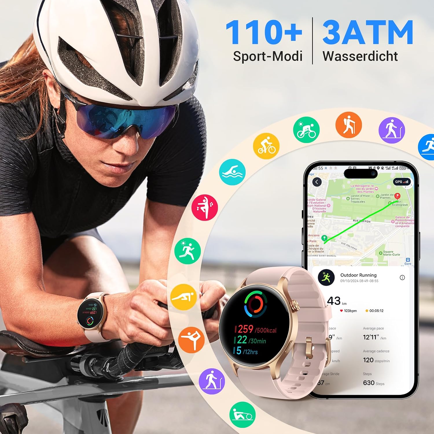Detalle de Smartwatch Damen Rund mit Telefonfunktion – 1,32" AMOLED Display, 110+ Sportmodi, 3ATM, Puls- und SpO2-Messung, Schlafmonitor, Rosa