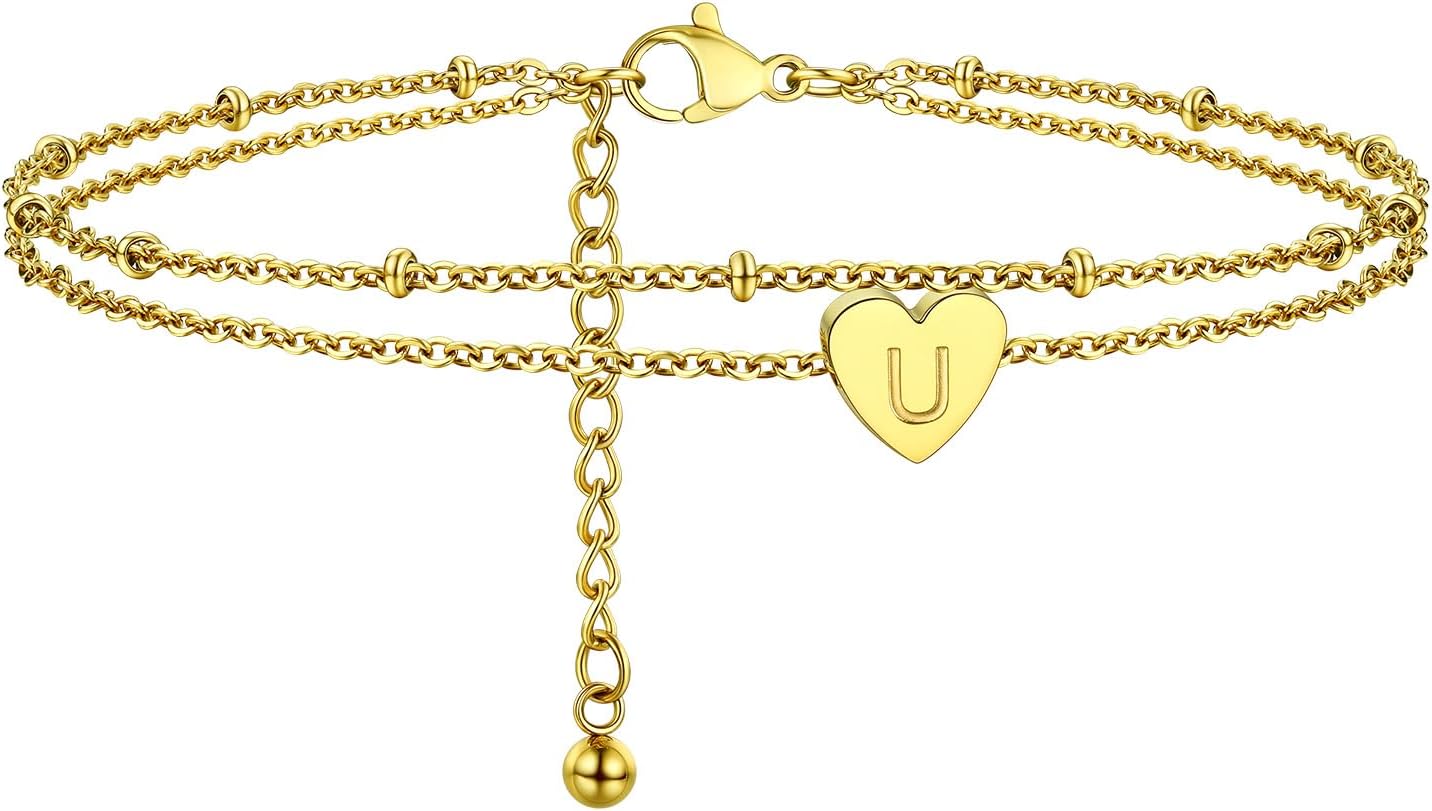 Detalle de PROSTEEL Bracelet de cheville femme plaqué or jaune avec charm cœur et double chaîne ajustable (22 + 5 cm)