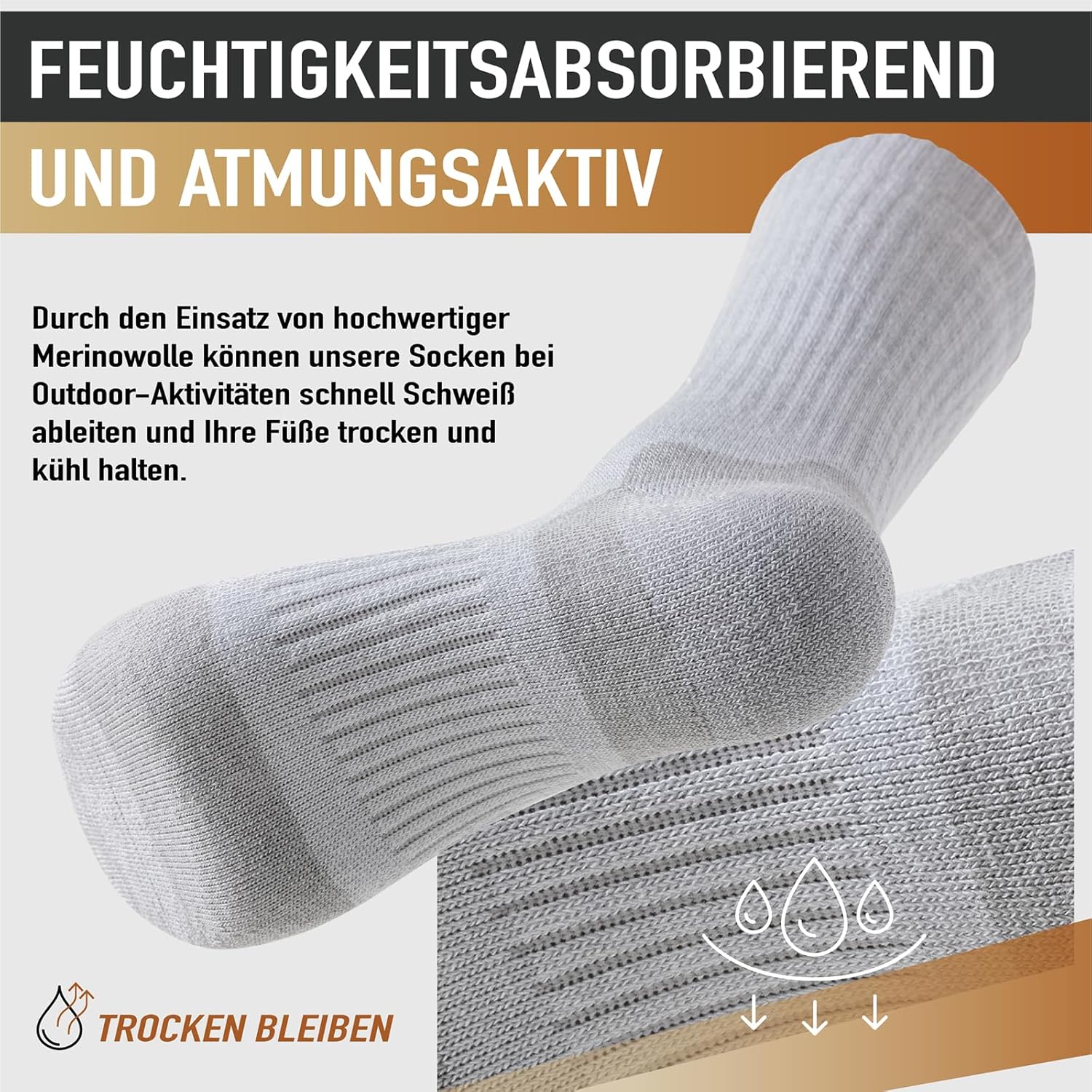 Detalle 2 de Niorasen Merino Wandersocken für Herren & Damen (3 Paar) – Outdoor-Thermosocken mit Merinowolle