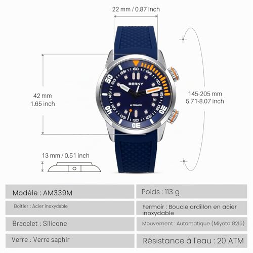 Detalle de BERNY Montre de plongée pour hommes 20ATM — Mouvement automatique, verre saphir et luminescente