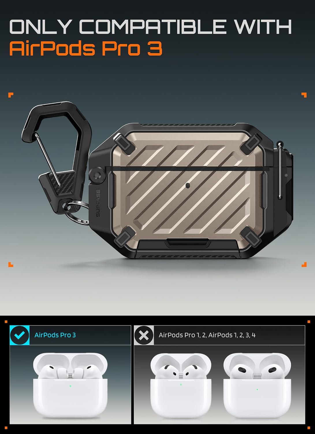 Detalle 2 de SUPCASE AirPods Pro 3 Case with Lock & Carabiner – Desert, IP68 Waterproof, MagSafe Compatible