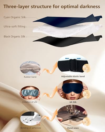 Detalle de Masque de Nuit Occultant en Soie 100% Pure d'Aosun – Bleu, bandeau réglable