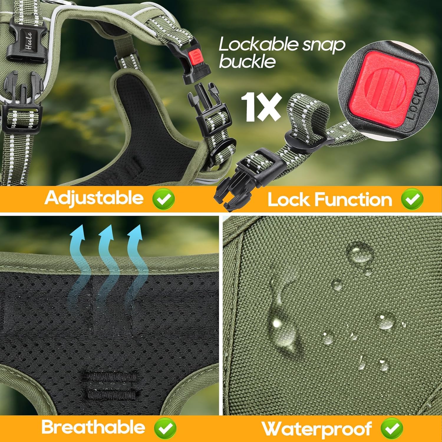 Detalle de HEELE Dog Harness No Pull Medium with Neck Release and Front/Back Leash Rings