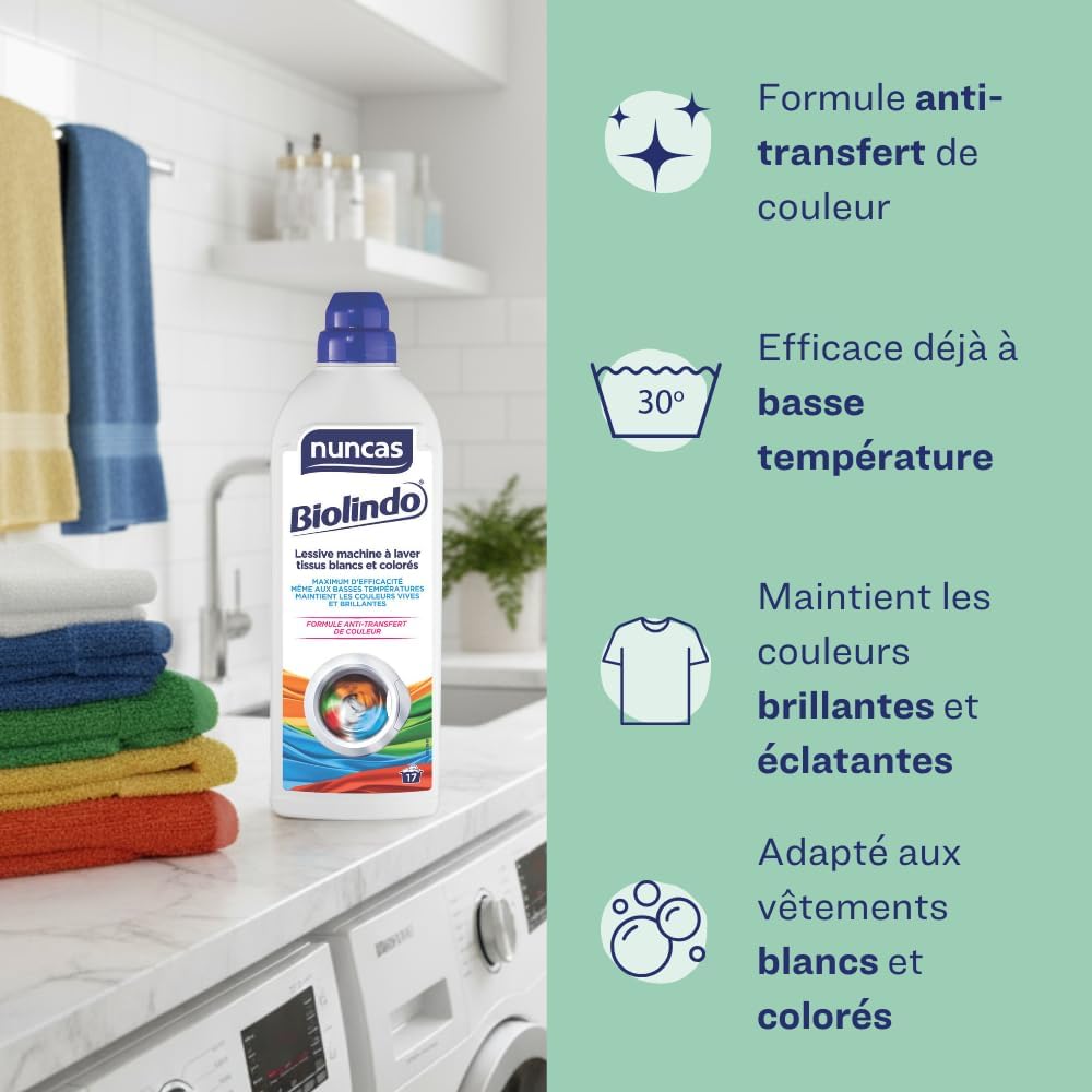 Thumbnail 2 de Nuncas Biolindo Lessive pour machine à laver tissus blancs, colorés et noirs (1000 ml)