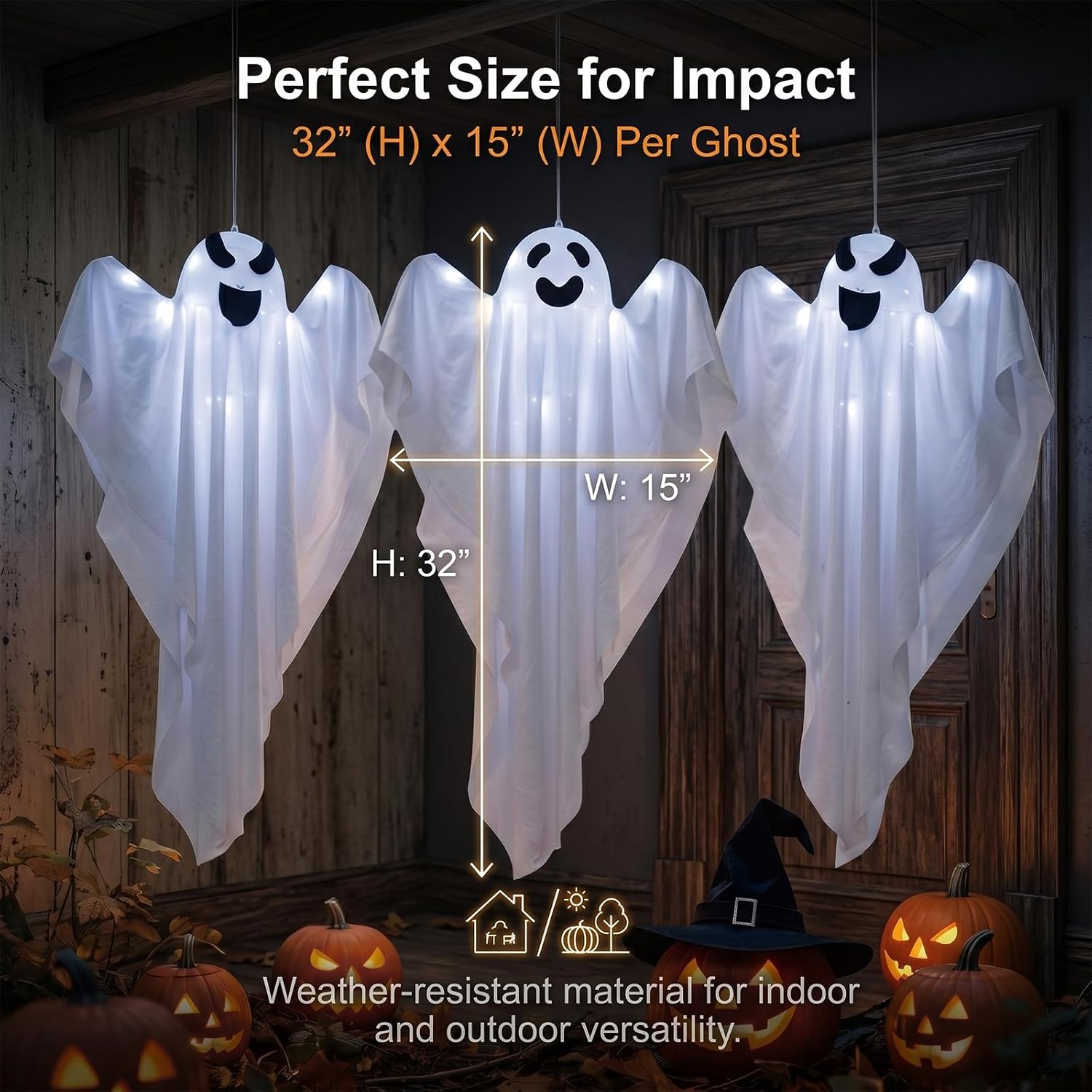 Detalle de BCLGSHINE 3-Pack Hanging Ghost Decorations, 32-Inch with 45 LEDs and Witch Hats