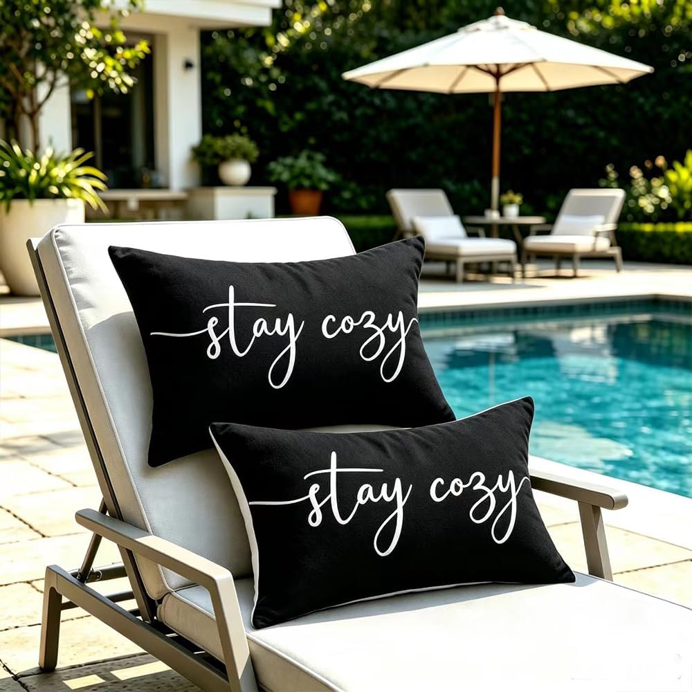 Detalle 2 de rowjow Stay Cozy waterproof throw pillow covers, black, 12 x 20 in, 2-pack