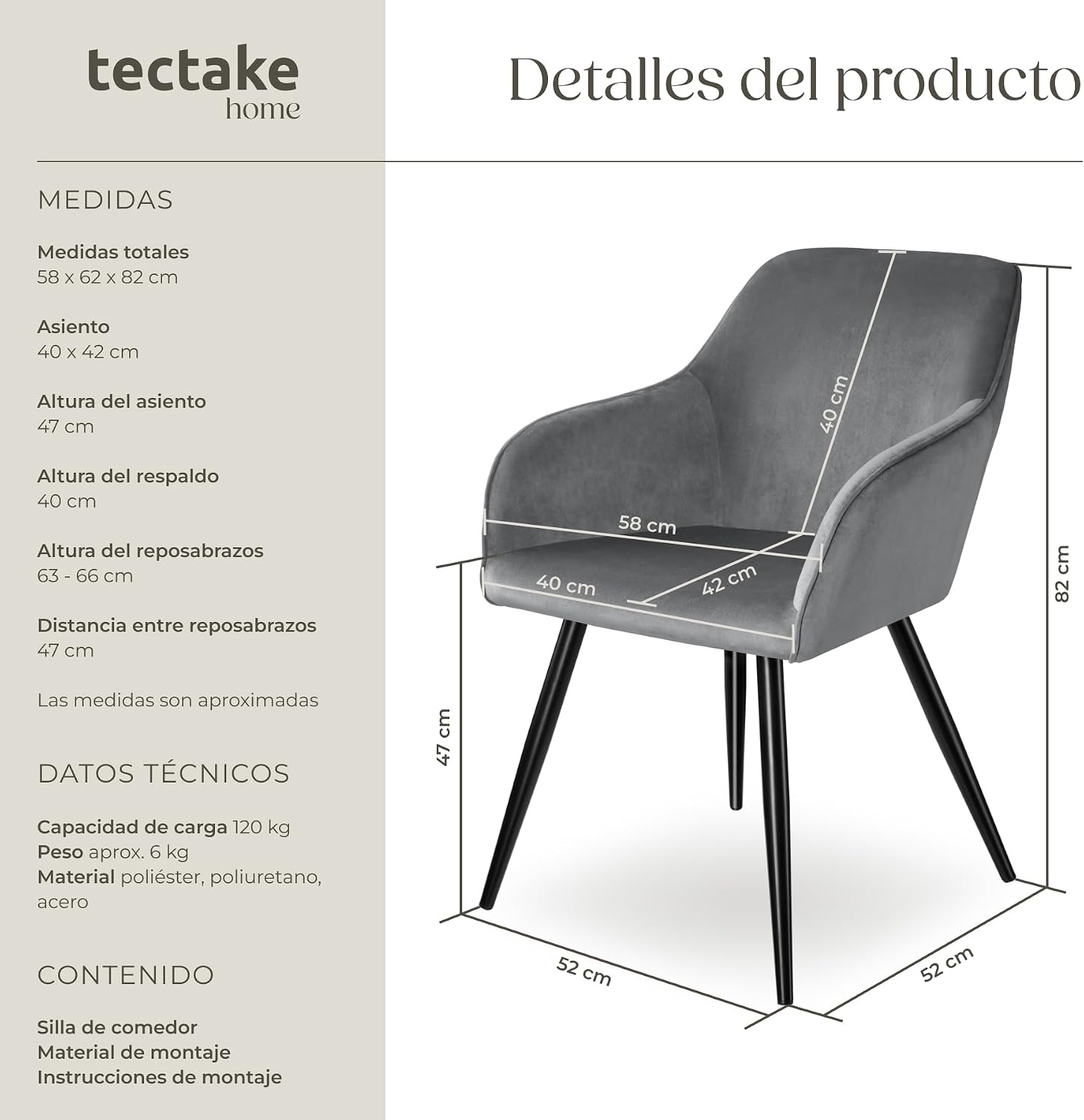 Thumbnail 2 de tectake® Silla Tapizada en Terciopelo 1 unidad