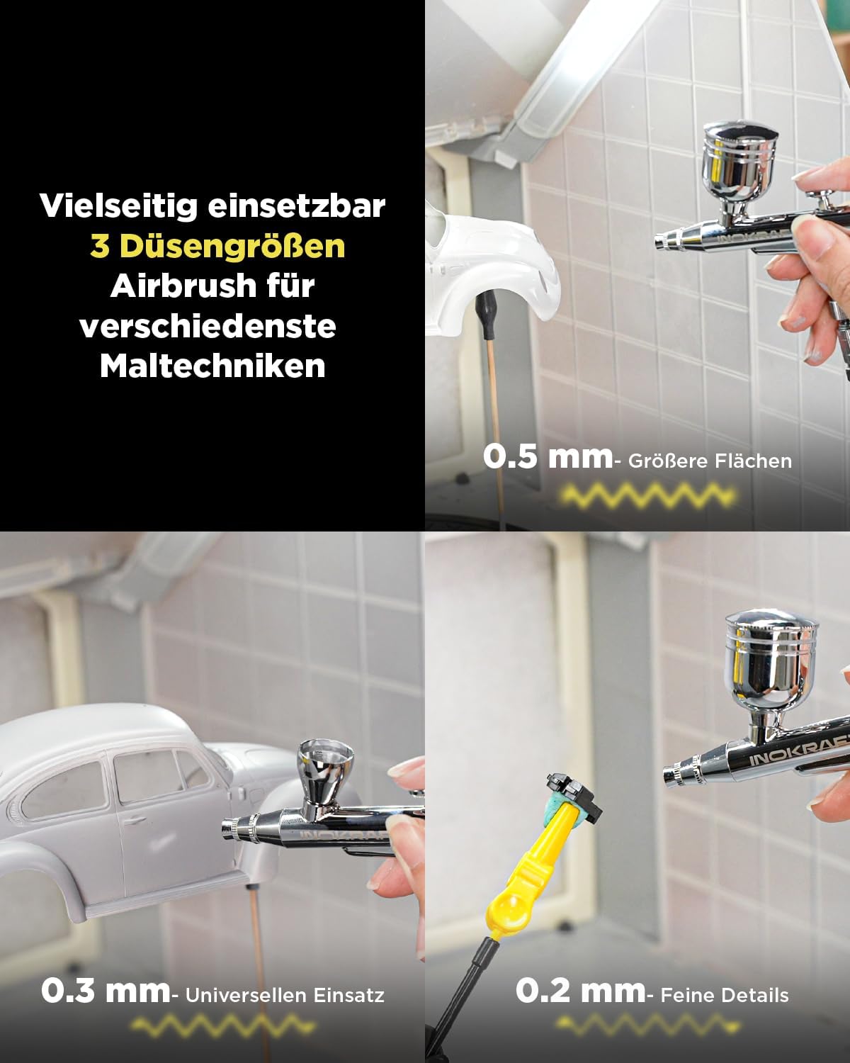 Detalle 2 de InoKraft Airbrush-Set mit Kompressor (1/6 HP), 3 Düsen (0,2 / 0,3 / 0,5 mm) & Airbrushpistole