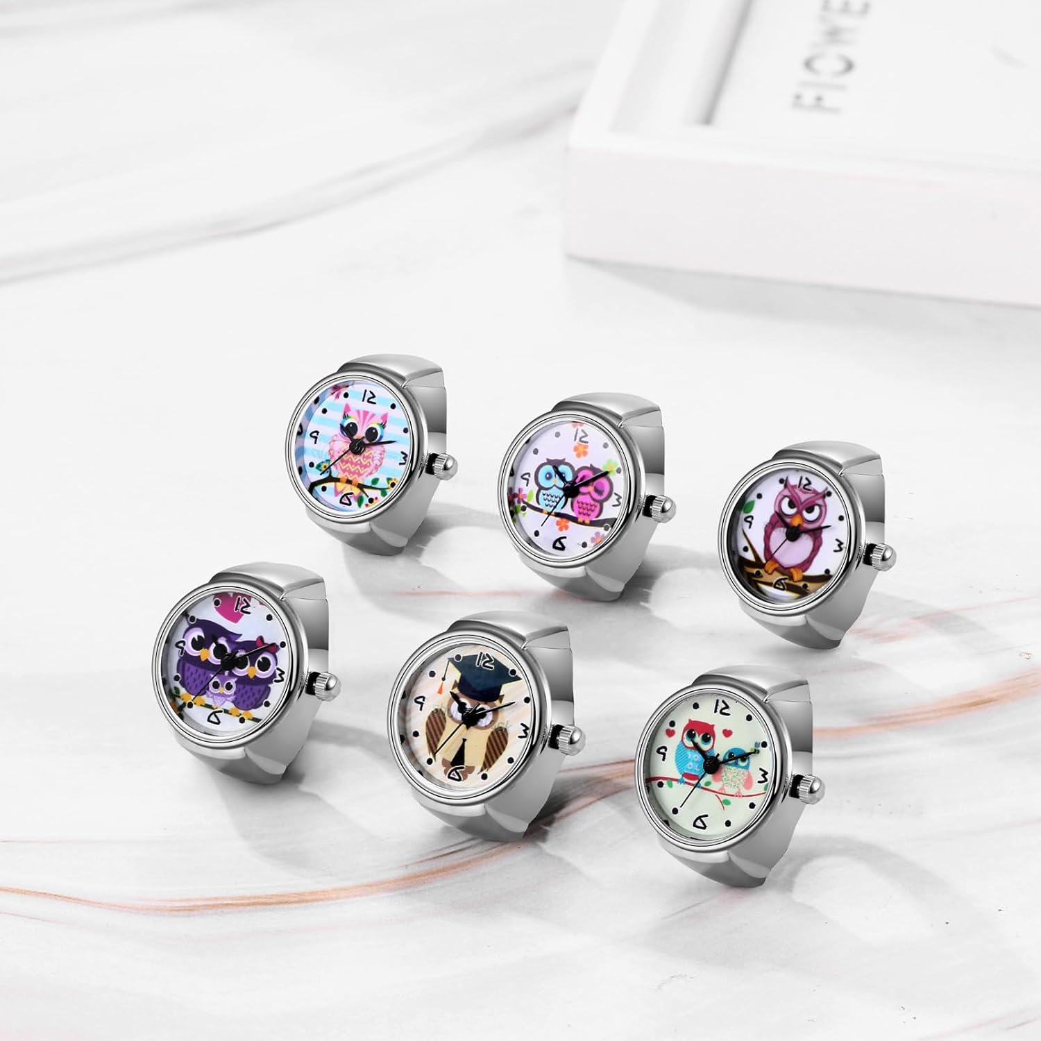 Detalle de JewelryWe Ringuhr Fingeruhr Elastisch Eule – Damen Analog Quarz Fingerringuhr mit Silberg Legierung und elastischem Band