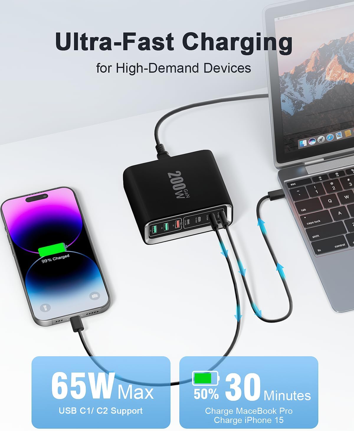Thumbnail 2 de Suiwel USB-C 200W GaN 7-Port Fast Charging Station Hub with 65W Laptop Port