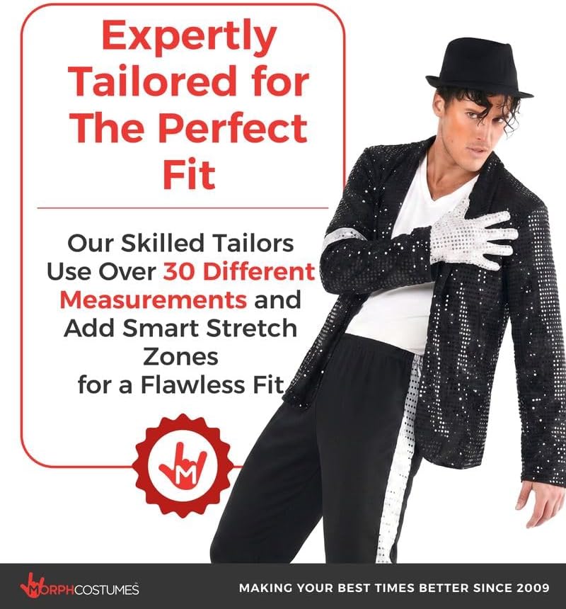 Detalle 2 de Morph Popstar Costume for Men with Black Sparkle Jacket, Silver Gloves & Fedora