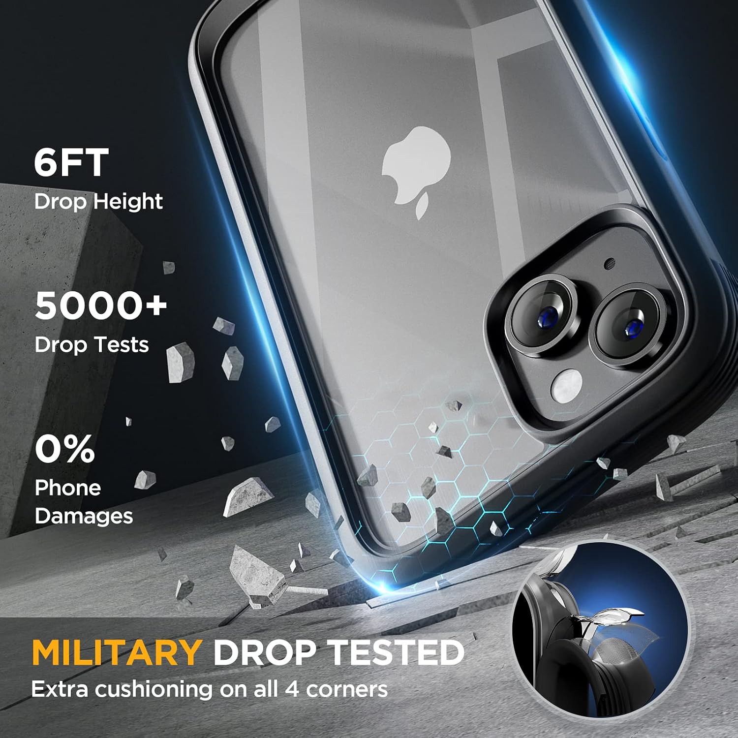 Detalle 2 de Miracase iPhone 13 6.1" case with built-in 9H glass screen protector (clear back, black bumper)