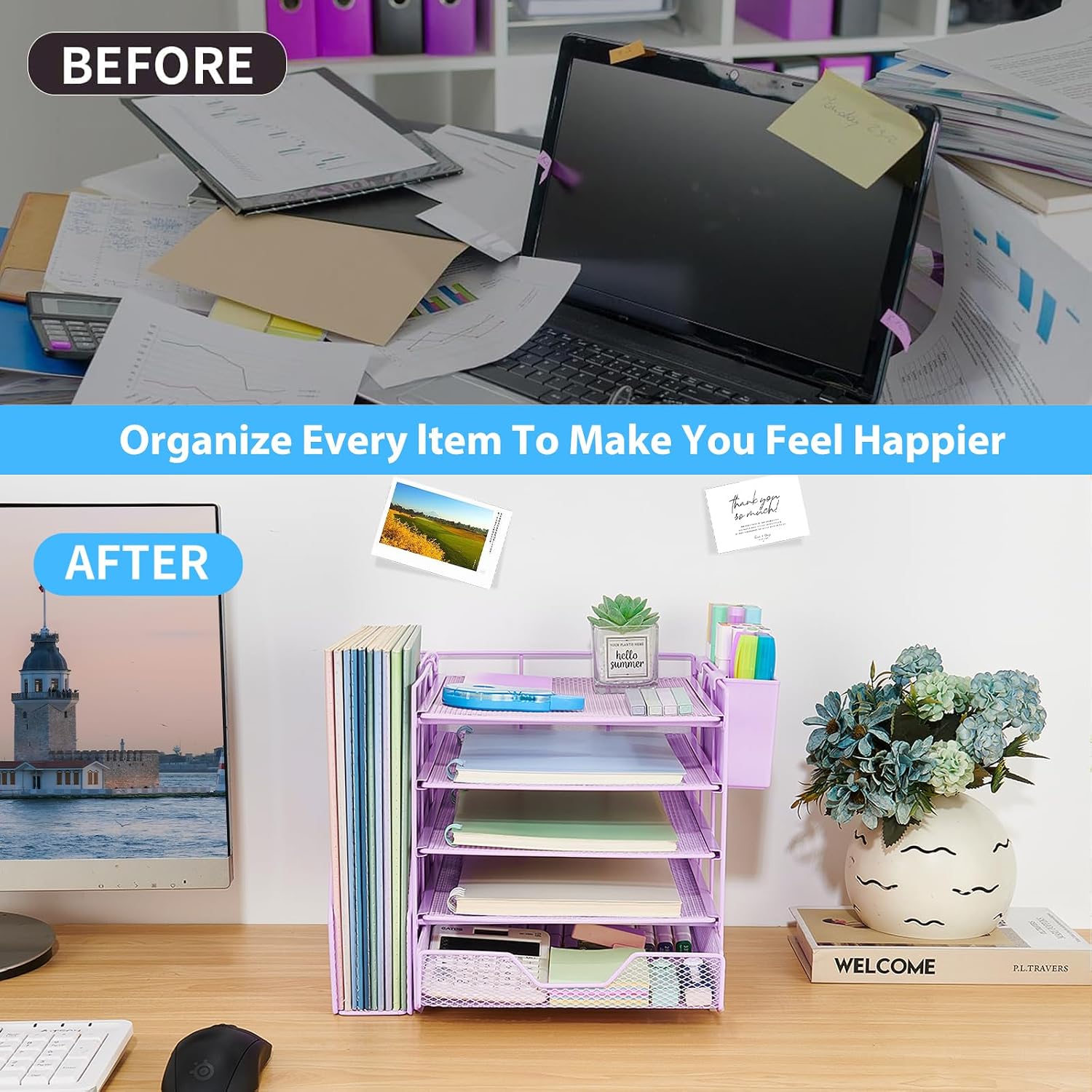 Thumbnail 3 de Gugsey Desk File Organizer, 5-Tier Metal Desk Organizer with Drawer & Pen Holder, Purple