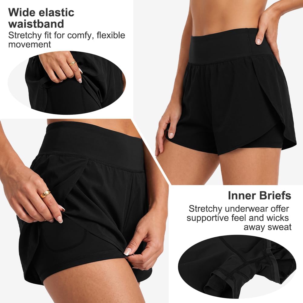 Thumbnail 4 de Aolso Short de Bain Femme - Boardshort Taille Haute à Séchage Rapide, Noir