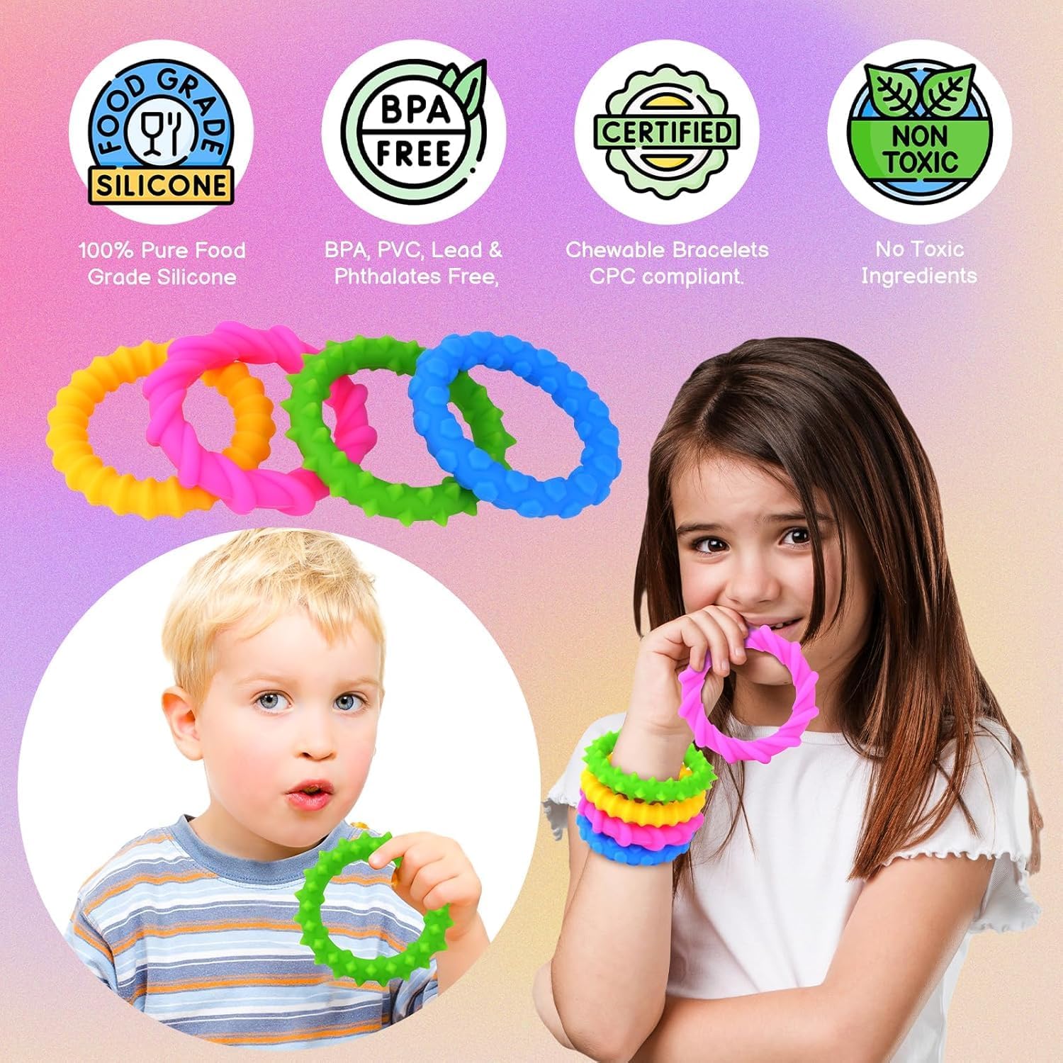 Thumbnail 2 de Sensory Fidget Toys Kids Toddlers 4-Pack Chew Sensory Bracelets (Age 3+)