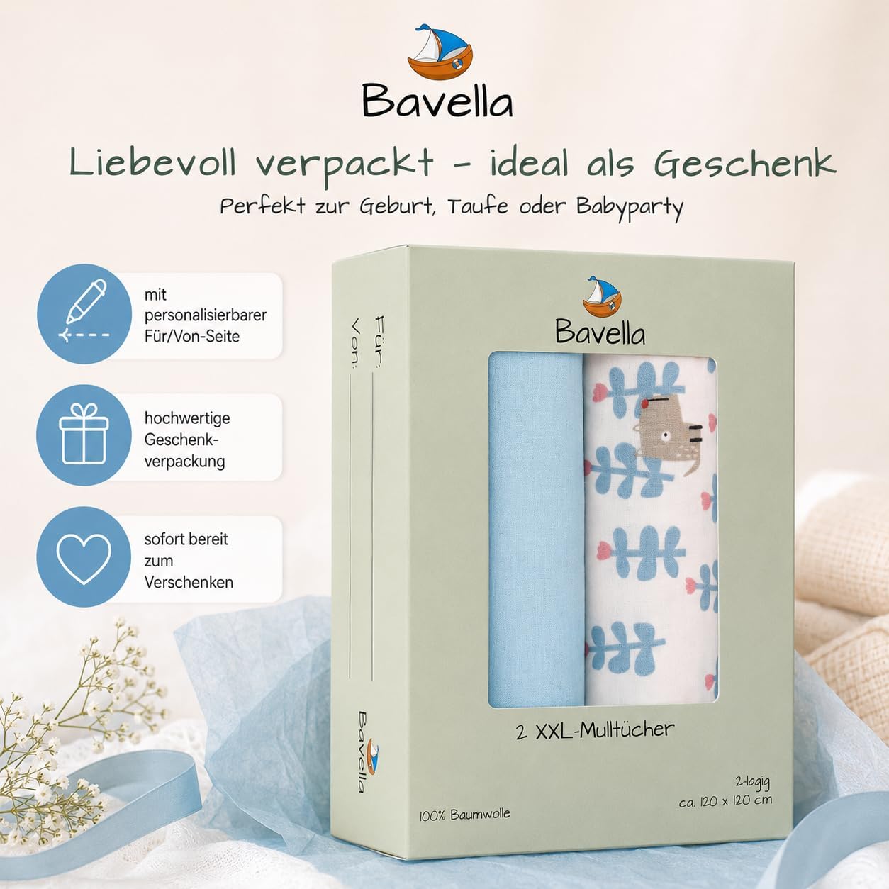 Thumbnail 6 de Bavella 2er Set XXL Musselin Baby Decke & Tuch 120x120 cm – ÖKO-TEX zertifiziert, 100% Baumwolle