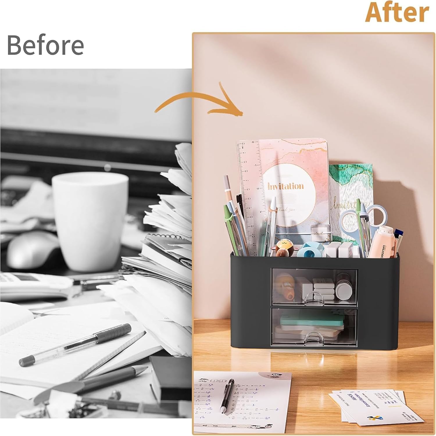 Detalle de Marbrasse Schreibtisch Organizer mit Schubladen – Multifunktionaler Desktop-Organizer in Schwarz