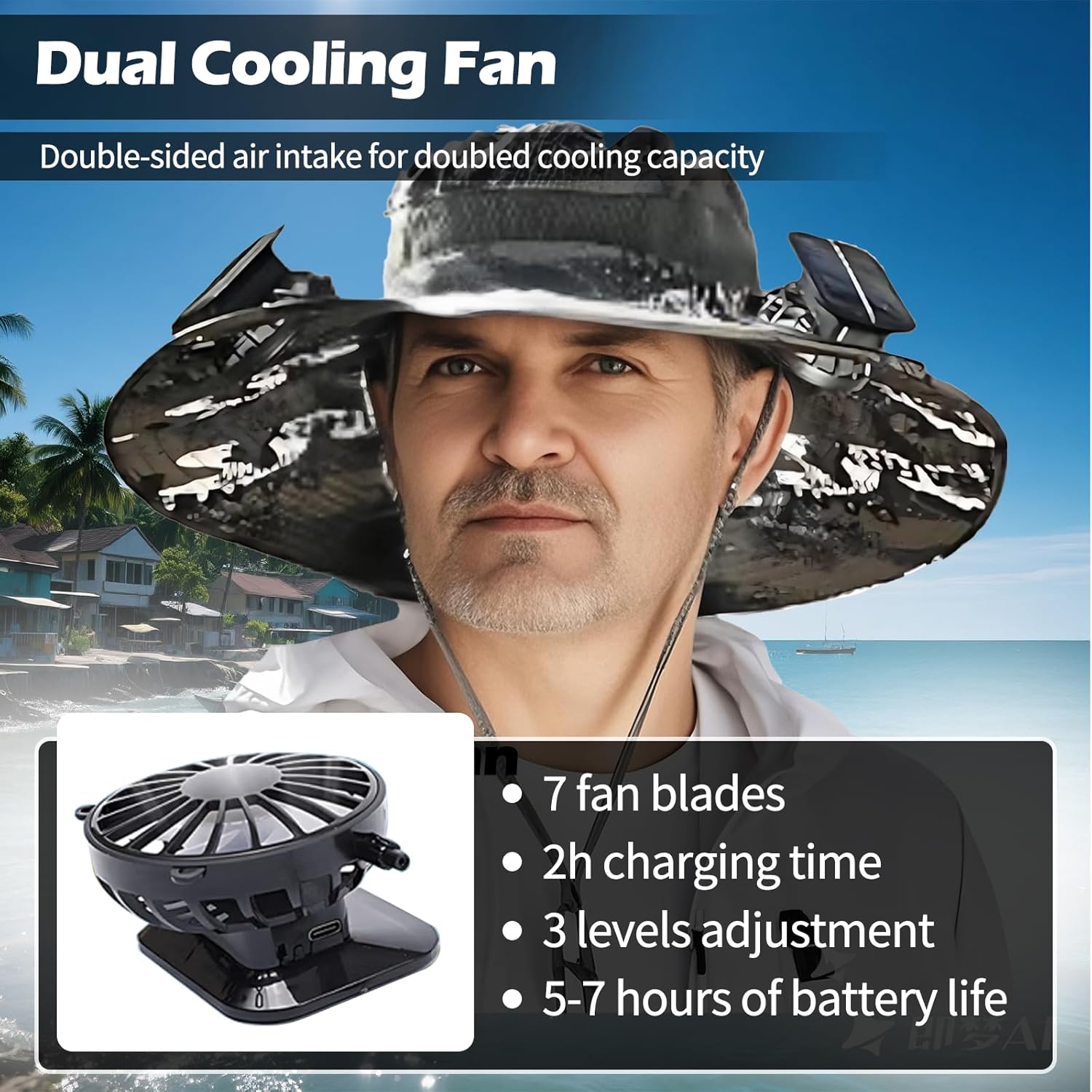 Thumbnail 4 de FishTrip Wide Brim Solar Fan Hat: Outdoor Sun Hat with Dual Solar USB-Fan System
