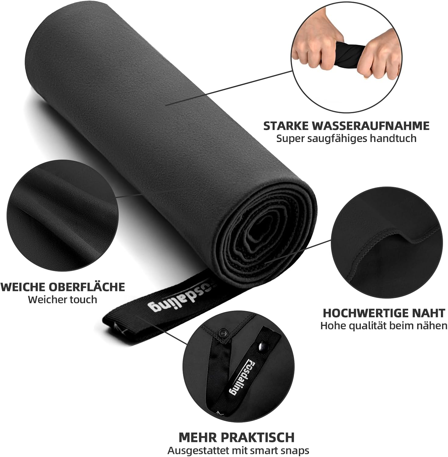 Detalle de Fosdaling Mikrofaser Handtuch 3er-Set (200×100 cm + 2× 80×40 cm) – schnelltrocknendes Sporthandtuch mit Aufbewahrungsbeutel