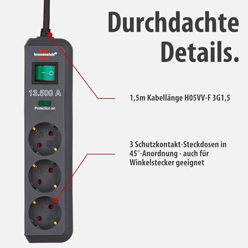 Detalle de Brennenstuhl Eco-Line 3er-Steckdosenleiste mit Überspannungsschutz – 1,5 m Kabel, beleuchteter Schalter
