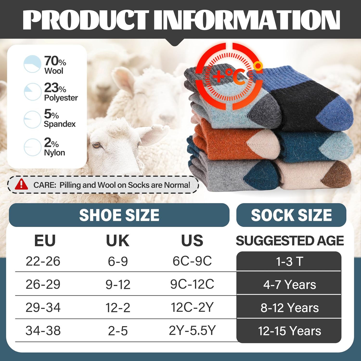 Detalle de Anlisim Kids Merino Wool Hiking Crew Socks, 6 Pairs with Cushion and Arch Support