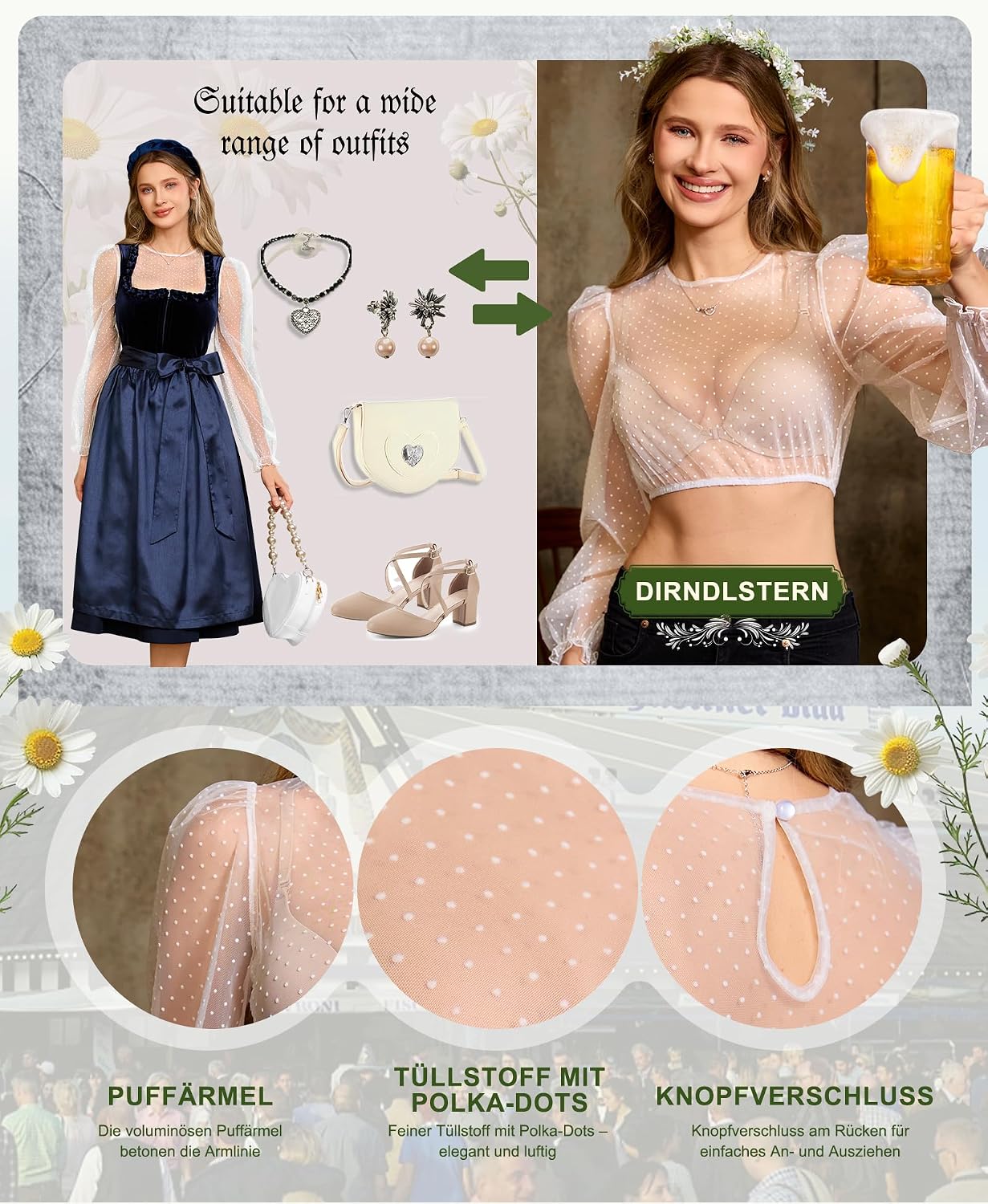 Thumbnail 2 de DIRNDLSTERN Bluse Damen Langarm – Dirndlbluse Transparent mit Punkten, Puffärmel für Oktoberfest