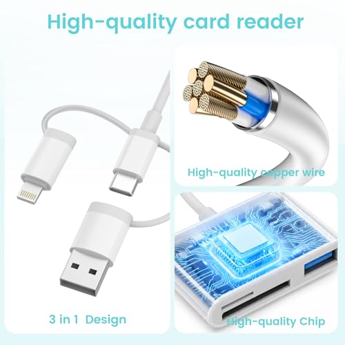 Detalle de Dalimee 3-in-1 SD Card Reader for iPhone, USB-C/USB/A Lightning – Bidirectional, Plug & Play