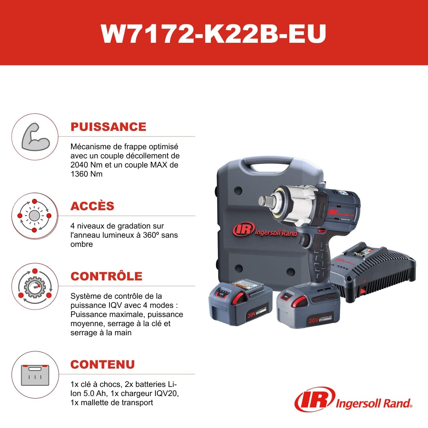 Detalle 2 de Ingersoll-Rand W7172-K22B-EU: Clé à Choc Sans Fil 19 mm 20 V + 2 Batteries et Chargeur, Mallette