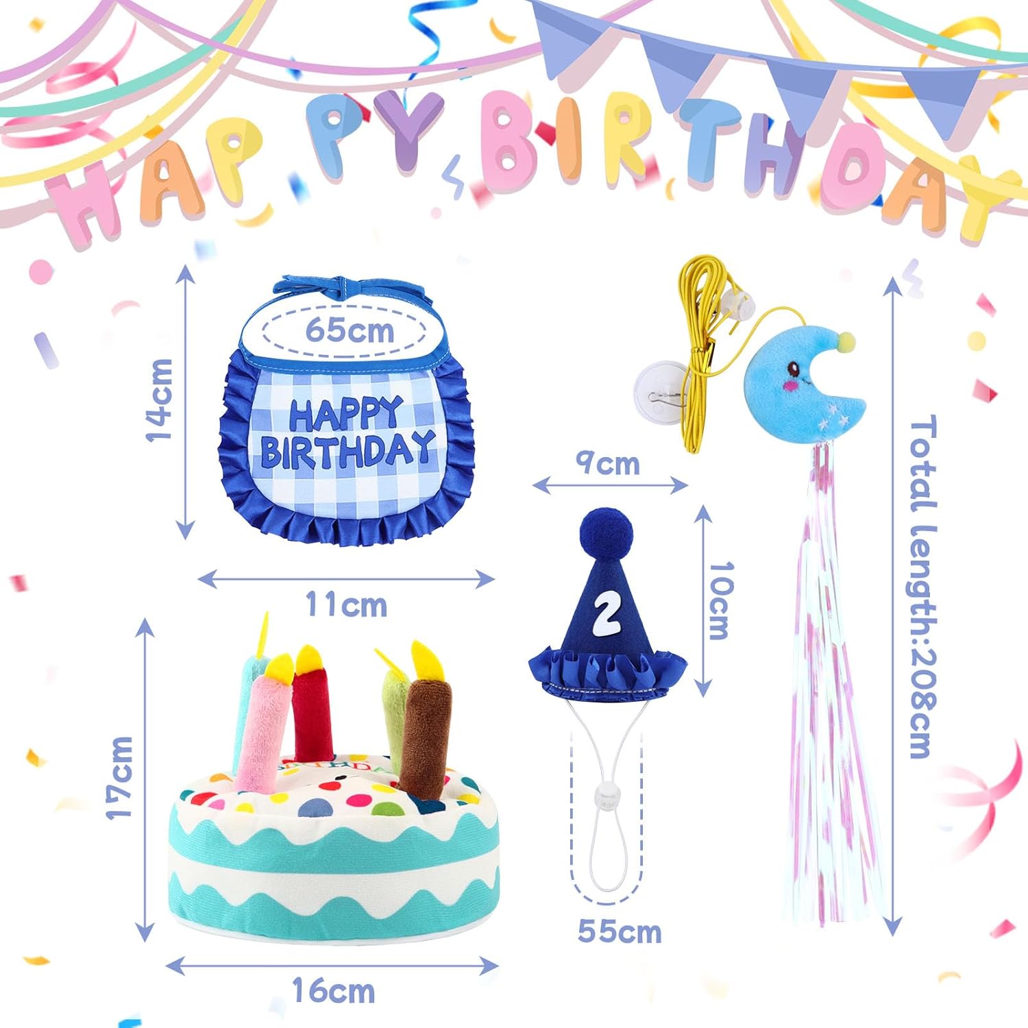 Thumbnail 1 de Katzen Geburtstag Outfit Set für Haustierparty: Bandana, Hut mit Zahlen 0–9, Plüsch-Torte & hängendes Katzenspielzeug (Blau)