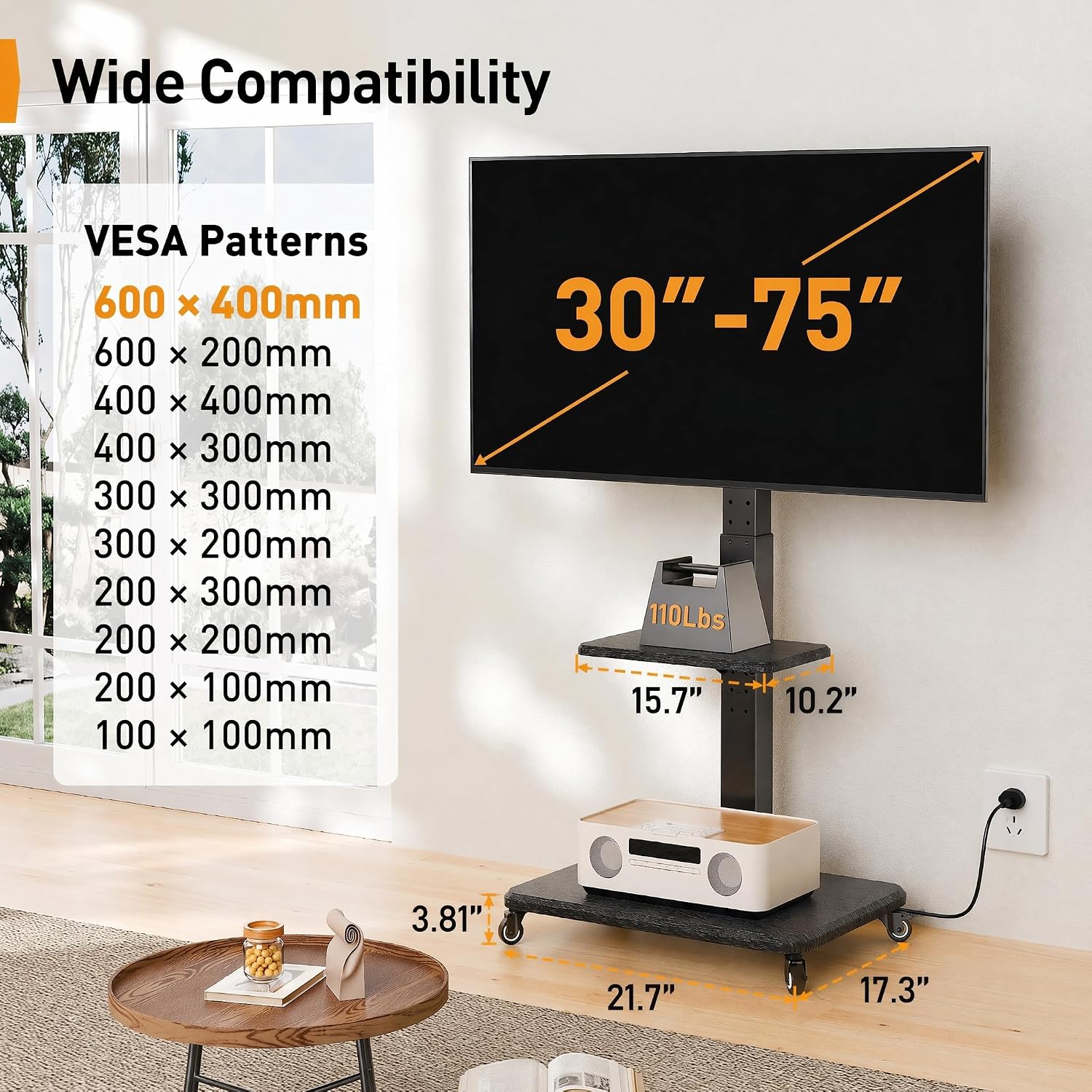 Thumbnail 2 de Perlegear PGTVMC17 Mobile TV Stand with Power Outlet, Height Adjustment and Swivel